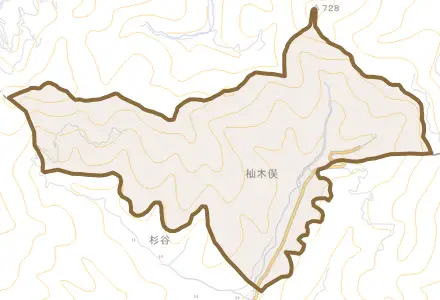 杣木俣とその周辺の地図。町の範囲を重ねている