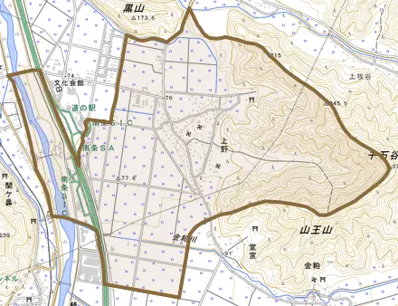 上野とその周辺の地図。町の範囲を重ねている