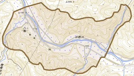 八飯とその周辺の地図。町の範囲を重ねている