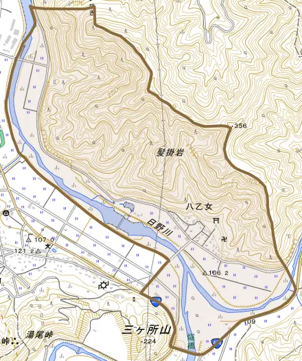 八乙女とその周辺の地図。町の範囲を重ねている