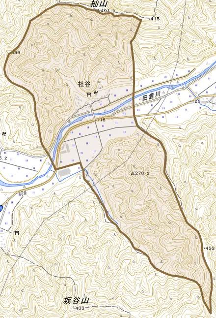 社谷とその周辺の地図。町の範囲を重ねている