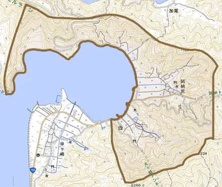 阿納尻とその周辺の地図。町の範囲を重ねている