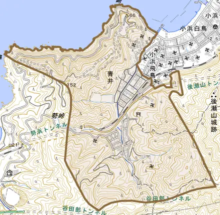 青井とその周辺の地図。町の範囲を重ねている