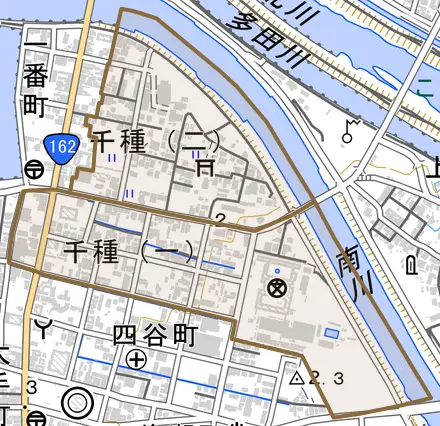 千種とその周辺の地図。町の範囲を重ねている
