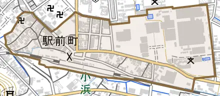 駅前町とその周辺の地図。町の範囲を重ねている