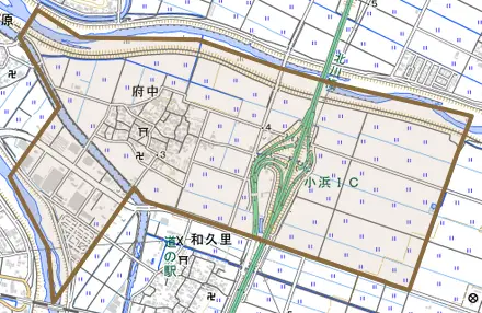 府中とその周辺の地図。町の範囲を重ねている