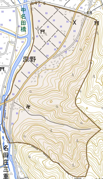 深野とその周辺の地図。町の範囲を重ねている