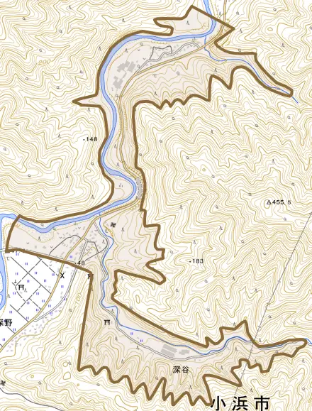 深谷とその周辺の地図。町の範囲を重ねている