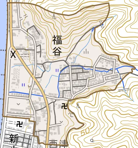 福谷とその周辺の地図。町の範囲を重ねている