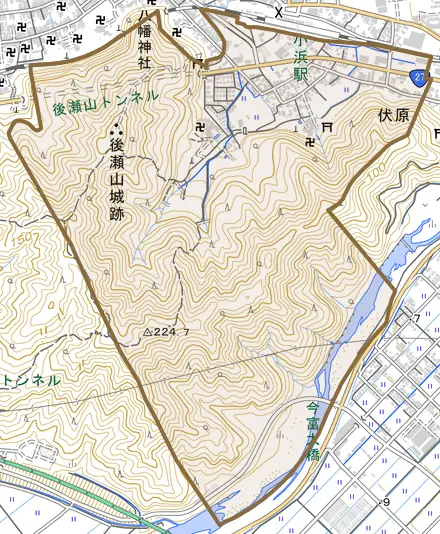 伏原とその周辺の地図。町の範囲を重ねている