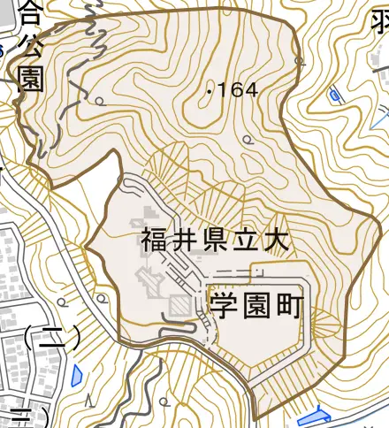 学園町とその周辺の地図。町の範囲を重ねている