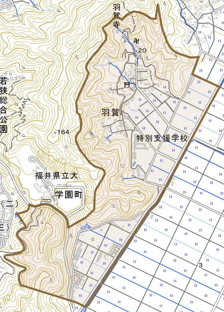羽賀とその周辺の地図。町の範囲を重ねている