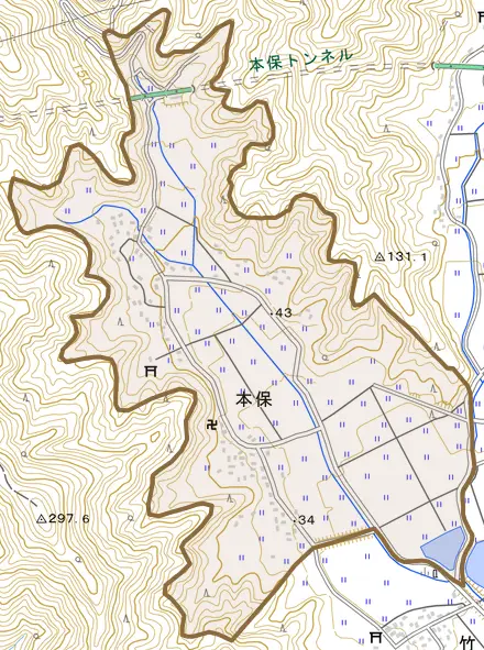 本保とその周辺の地図。町の範囲を重ねている