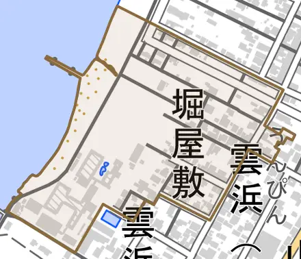 堀屋敷とその周辺の地図。町の範囲を重ねている
