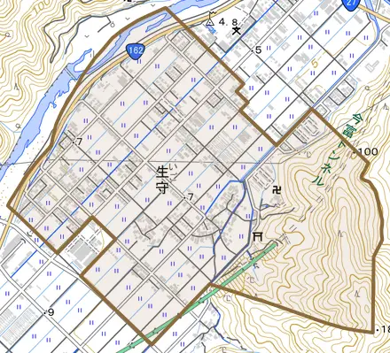 生守とその周辺の地図。町の範囲を重ねている