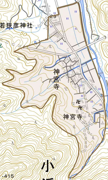 神宮寺とその周辺の地図。町の範囲を重ねている