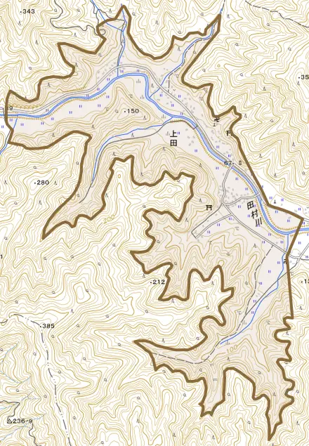上田とその周辺の地図。町の範囲を重ねている