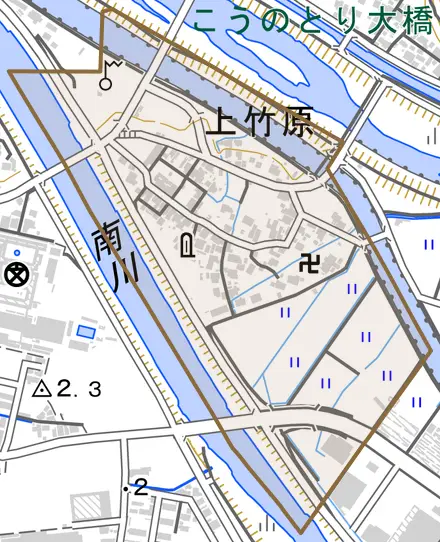 上竹原とその周辺の地図。町の範囲を重ねている