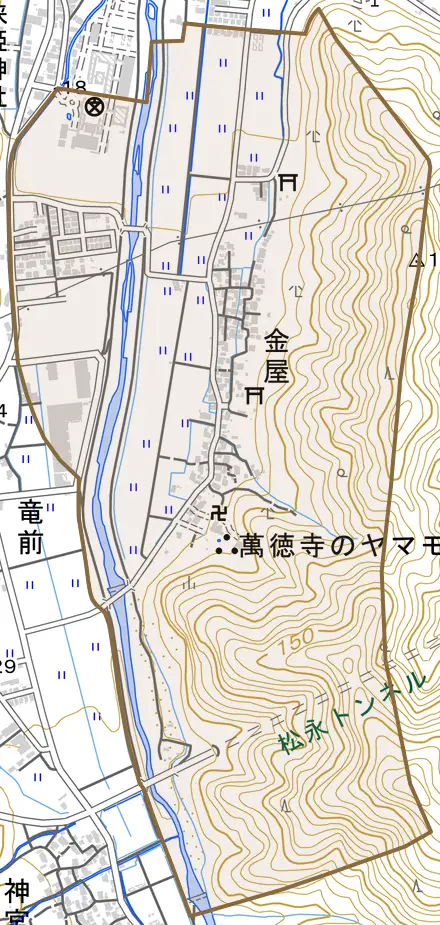 金屋とその周辺の地図。町の範囲を重ねている
