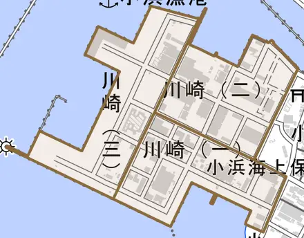 川崎とその周辺の地図。町の範囲を重ねている