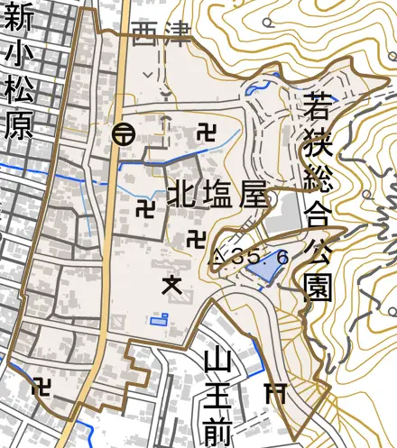 北塩屋とその周辺の地図。町の範囲を重ねている
