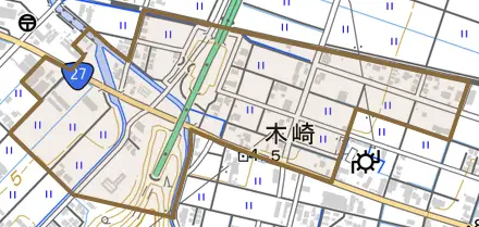 木崎とその周辺の地図。町の範囲を重ねている