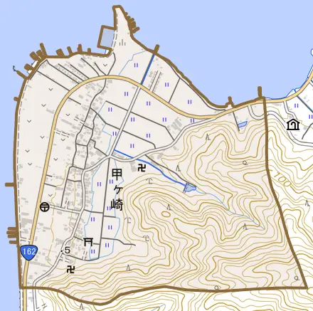甲ヶ崎とその周辺の地図。町の範囲を重ねている