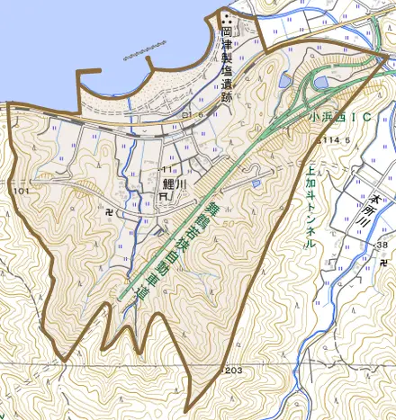 鯉川とその周辺の地図。町の範囲を重ねている