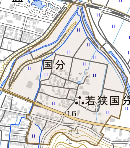 国分とその周辺の地図。町の範囲を重ねている
