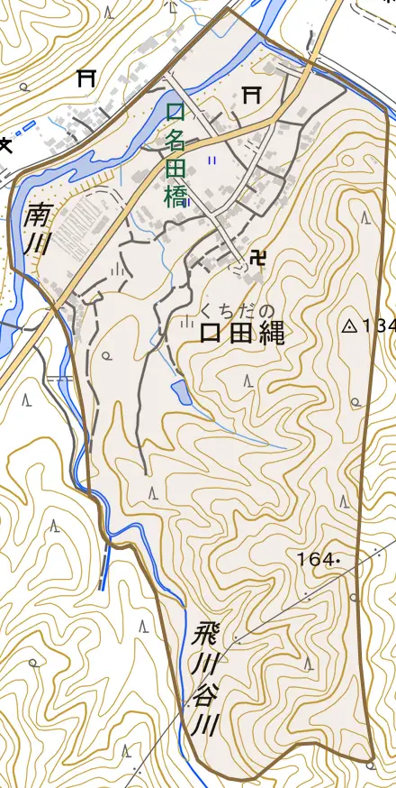 口田縄とその周辺の地図。町の範囲を重ねている
