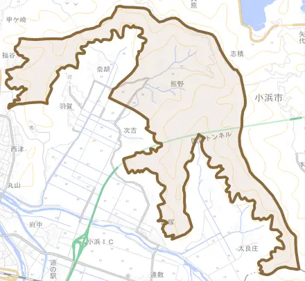 熊野とその周辺の地図。町の範囲を重ねている