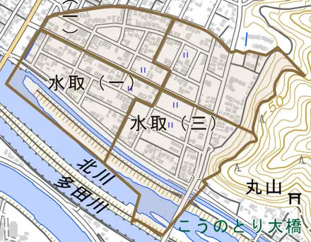水取とその周辺の地図。町の範囲を重ねている