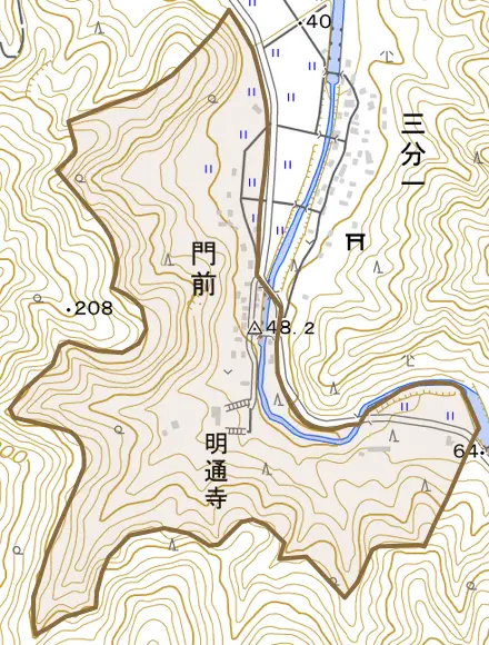 門前とその周辺の地図。町の範囲を重ねている