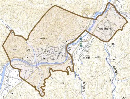 中井とその周辺の地図。町の範囲を重ねている