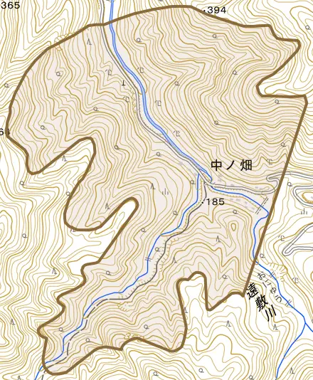 中ノ畑とその周辺の地図。町の範囲を重ねている
