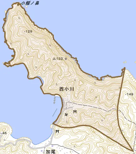 西小川とその周辺の地図。町の範囲を重ねている