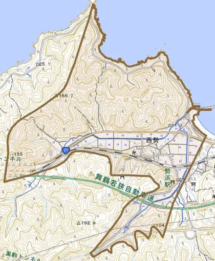 西勢とその周辺の地図。町の範囲を重ねている