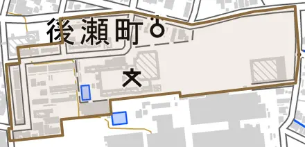 後瀬町とその周辺の地図。町の範囲を重ねている