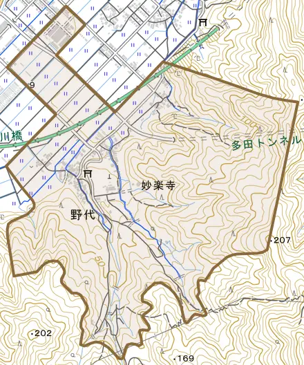 野代とその周辺の地図。町の範囲を重ねている