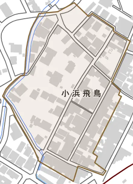 小浜飛鳥とその周辺の地図。町の範囲を重ねている