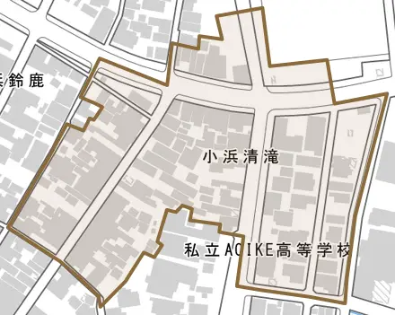 小浜清滝とその周辺の地図。町の範囲を重ねている
