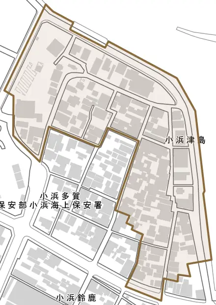 小浜津島とその周辺の地図。町の範囲を重ねている