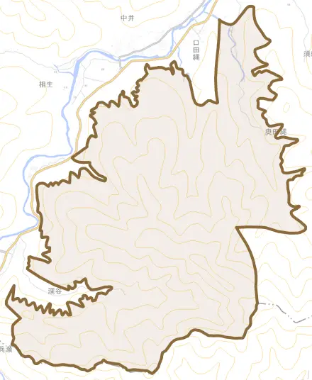 奥田縄とその周辺の地図。町の範囲を重ねている