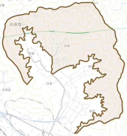 大谷とその周辺の地図。町の範囲を重ねている