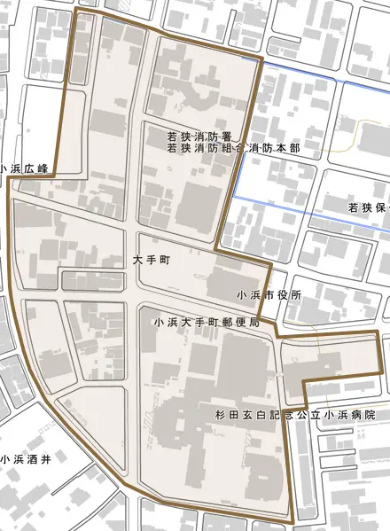 大手町とその周辺の地図。町の範囲を重ねている