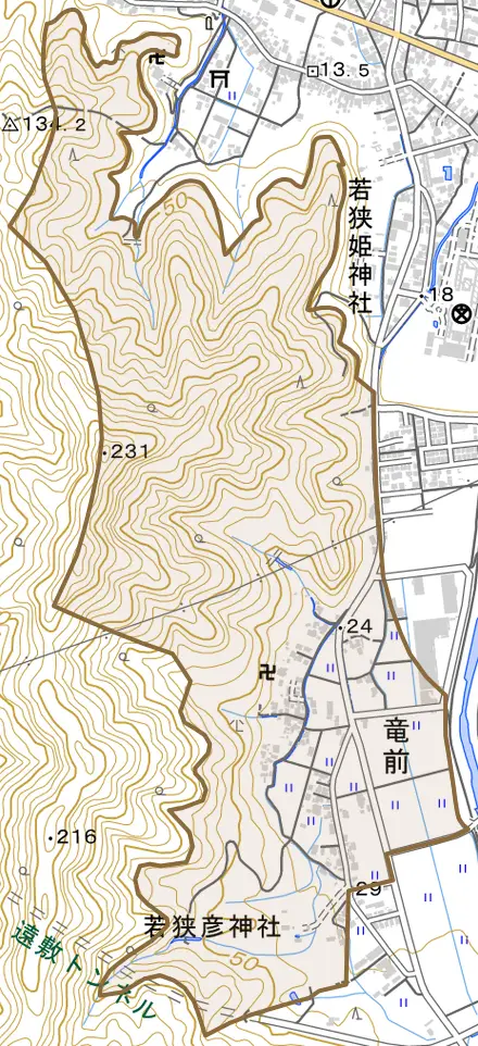 竜前とその周辺の地図。町の範囲を重ねている