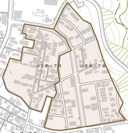 山王前とその周辺の地図。町の範囲を重ねている