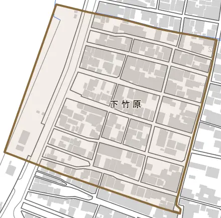 下竹原とその周辺の地図。町の範囲を重ねている