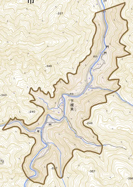 下根来とその周辺の地図。町の範囲を重ねている