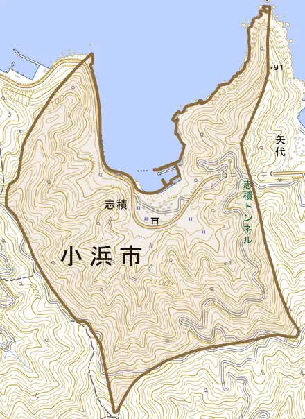 志積とその周辺の地図。町の範囲を重ねている
